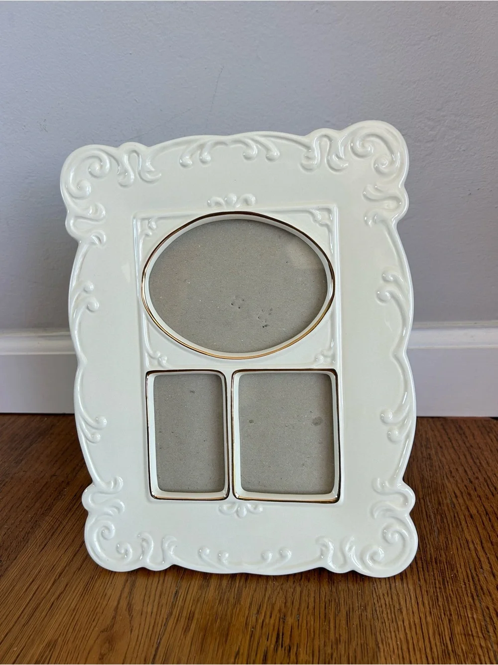 Vintage White Ceramic Collage Frame | Gold Trim, Embossed Scrollwork, Triple Pic